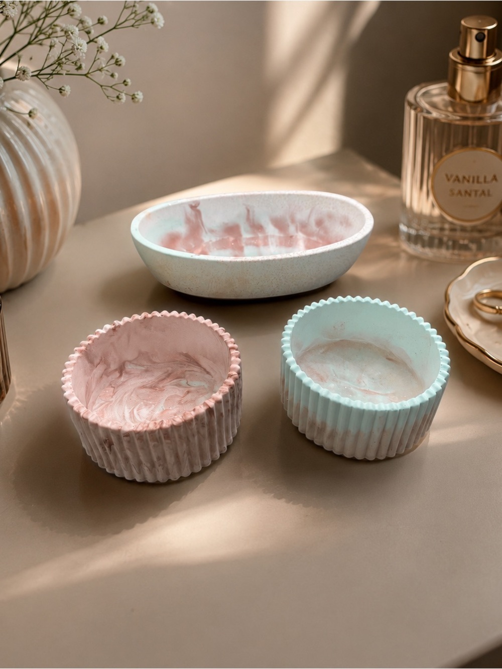 Marbled Ceramic Trinket Dish Set - Pink & Mint